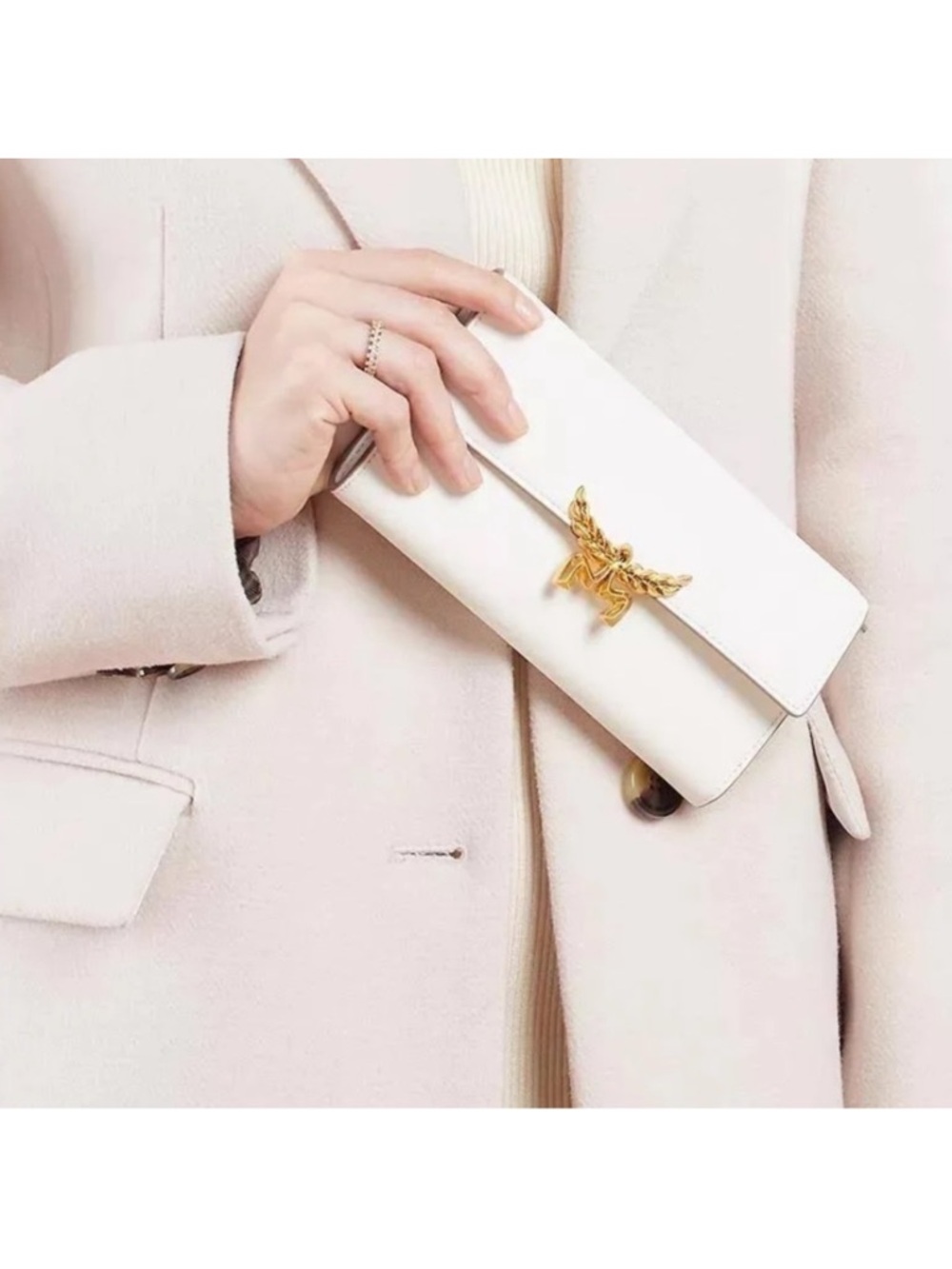 MCM White Leather Clutch with Gold Hardware